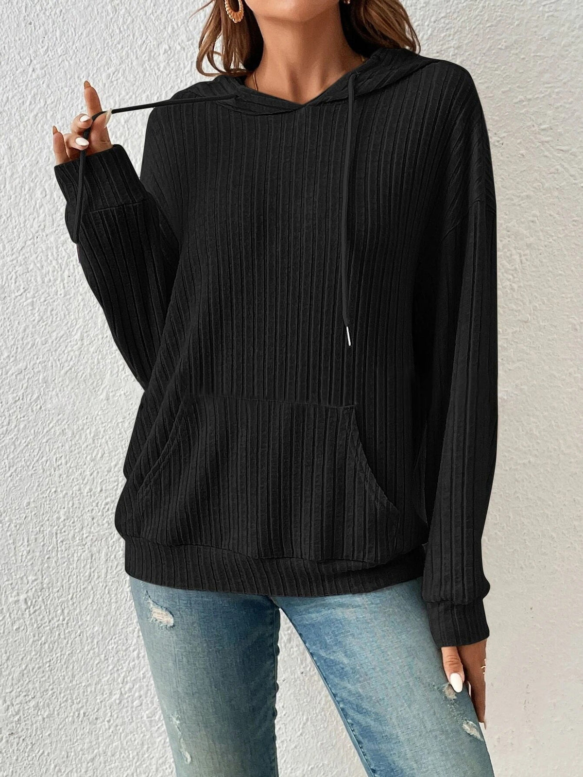 Ribbed Knit Drawstring Hoodie with Kangaroo Pocket