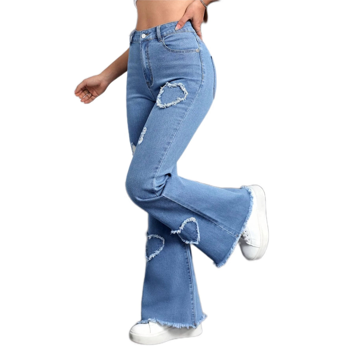 Light Blue Stretch Denim with Frayed Heart Patches