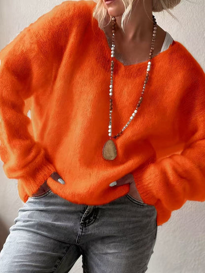 Oversized V‑Neck Drop Shoulder Fuzzy Knit Long Sleeve Loose Fit Pullover Sweater