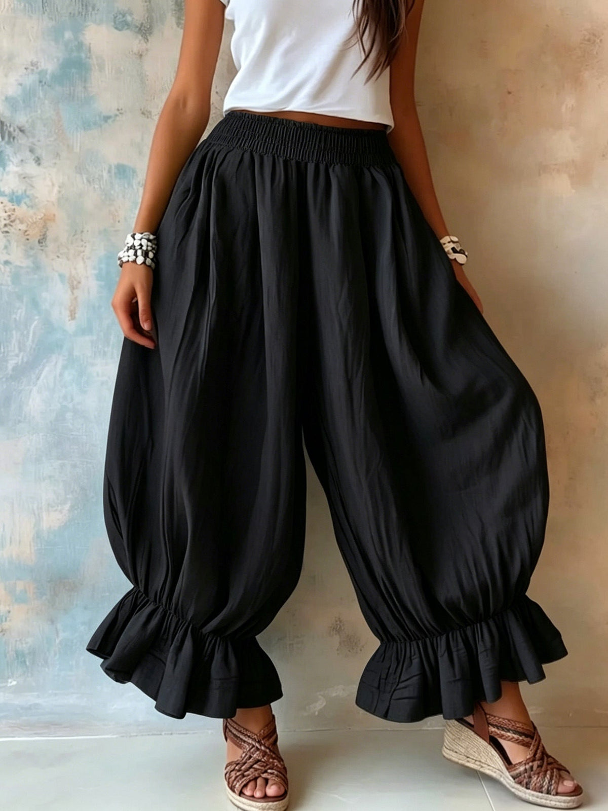 Crinkled Textured Balloon Harem Pants