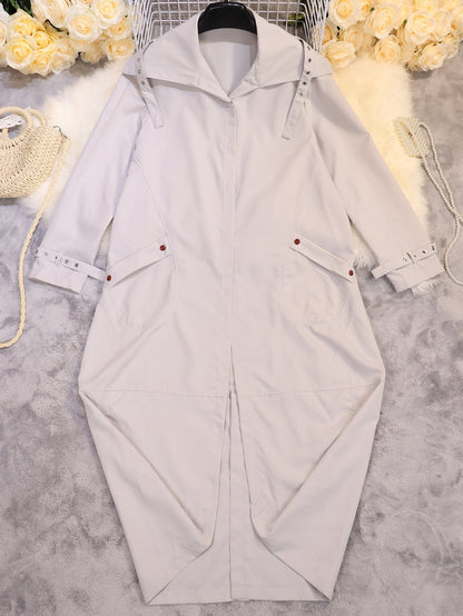 Oversized Hooded Long Trench Coat, Button Front Loose Fit Outerwear With Large Pockets And Adjustable Cuffs For Casual Daily Wear