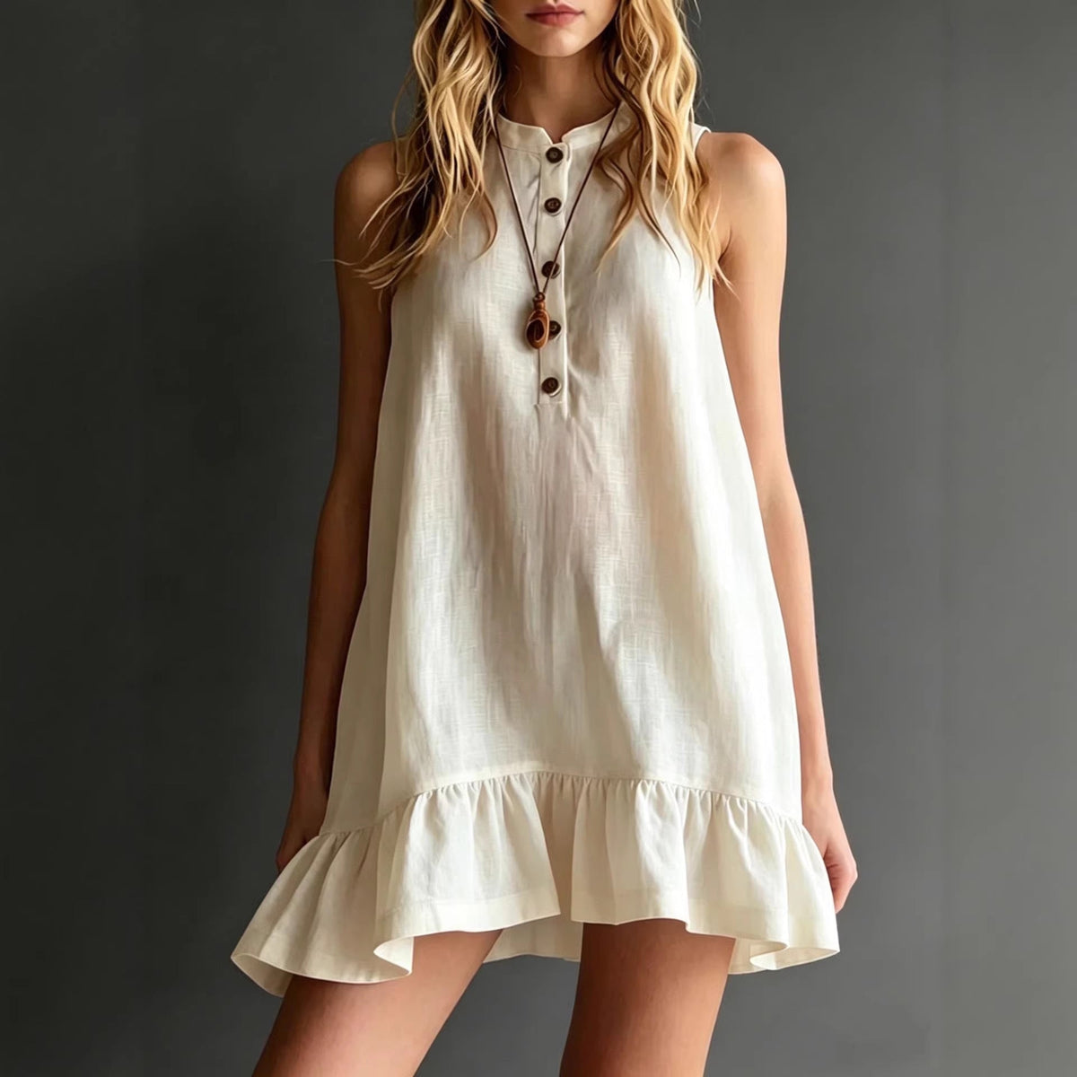 Effortless Sleeveless Ruffle Hem Shift Dress – Relaxed Linen Blend Style