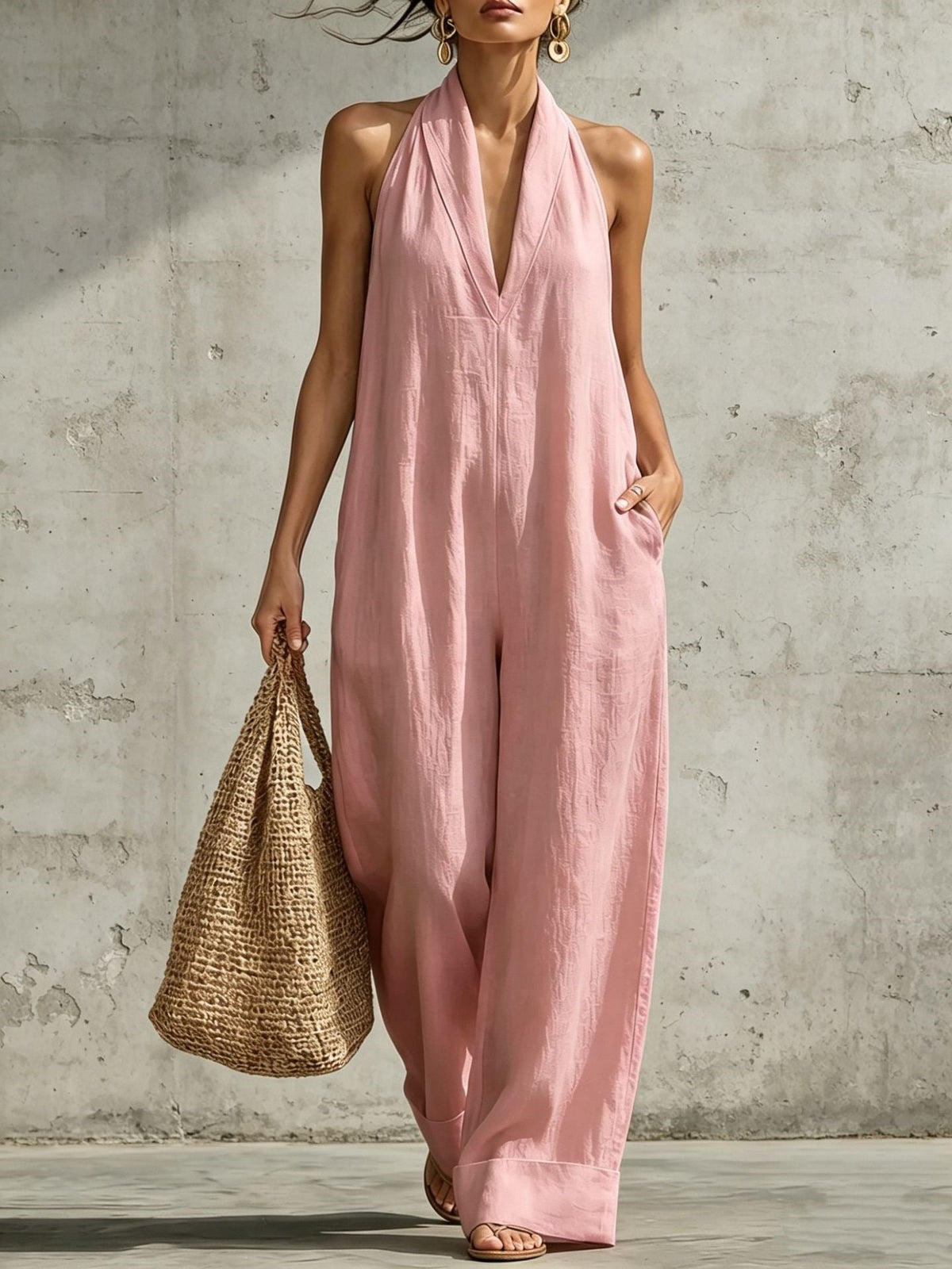 Linen Halter Deep V Wide Leg Cuffed Jumpsuit