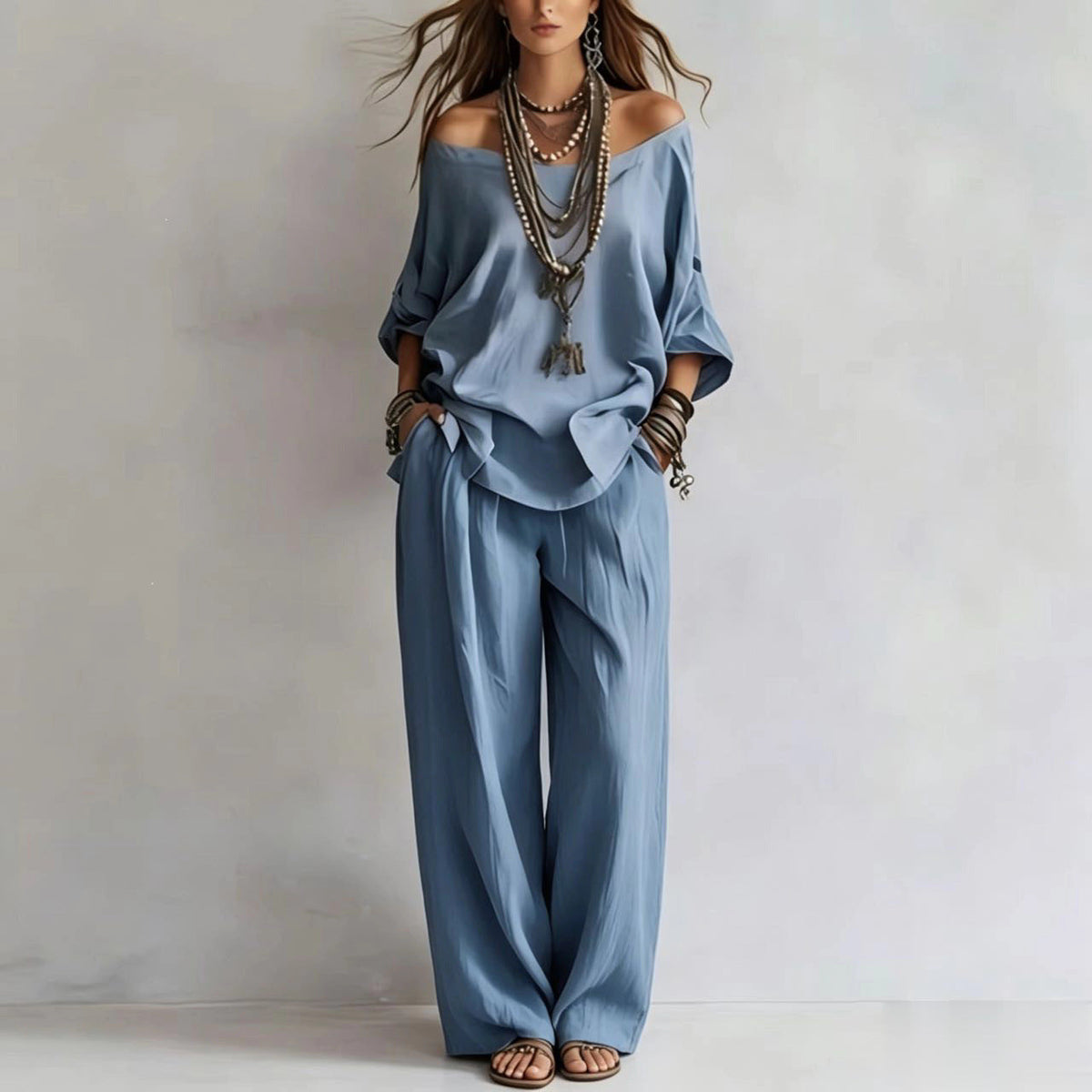 Women'S One-Shoulder Loose Top Wide-Leg Pants Cross-Border Two-Piece Set