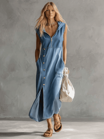 Exquisite Vintage Casual Hooded V-neck Zipper Side Slits Buttons Blue Denim Midi Dress
