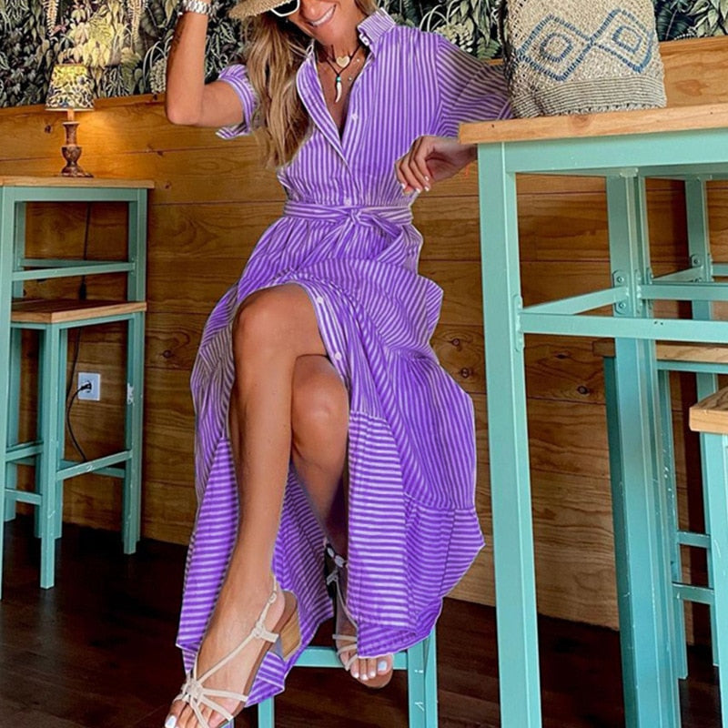 Fashionable Striped Print Short-Sleeved Loose Maxi Dress