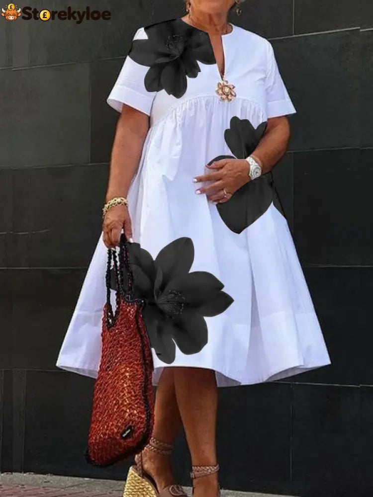 A-Line Loose Flower Print Pleated V-Neck Midi Dresses
