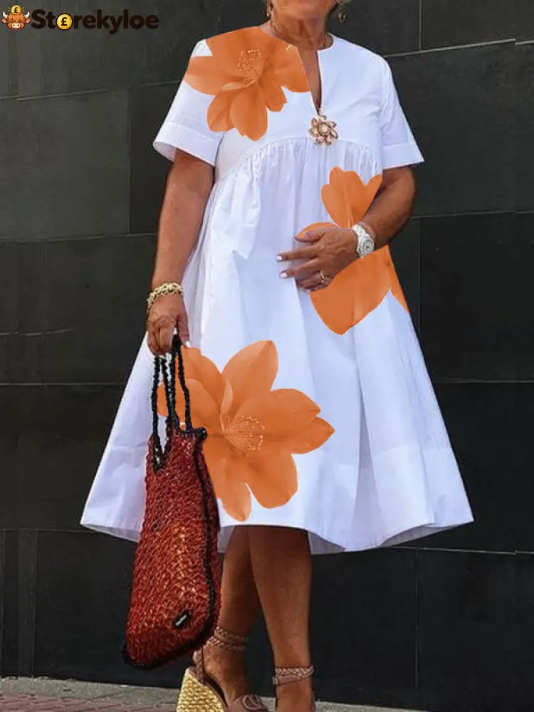 A-Line Loose Flower Print Pleated V-Neck Midi Dresses - ORANGE / S