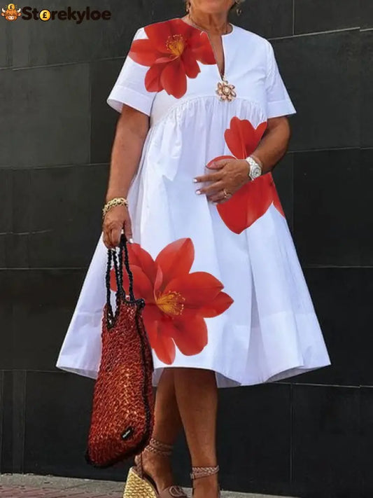 A-Line Loose Flower Print Pleated V-Neck Midi Dresses - Red / S