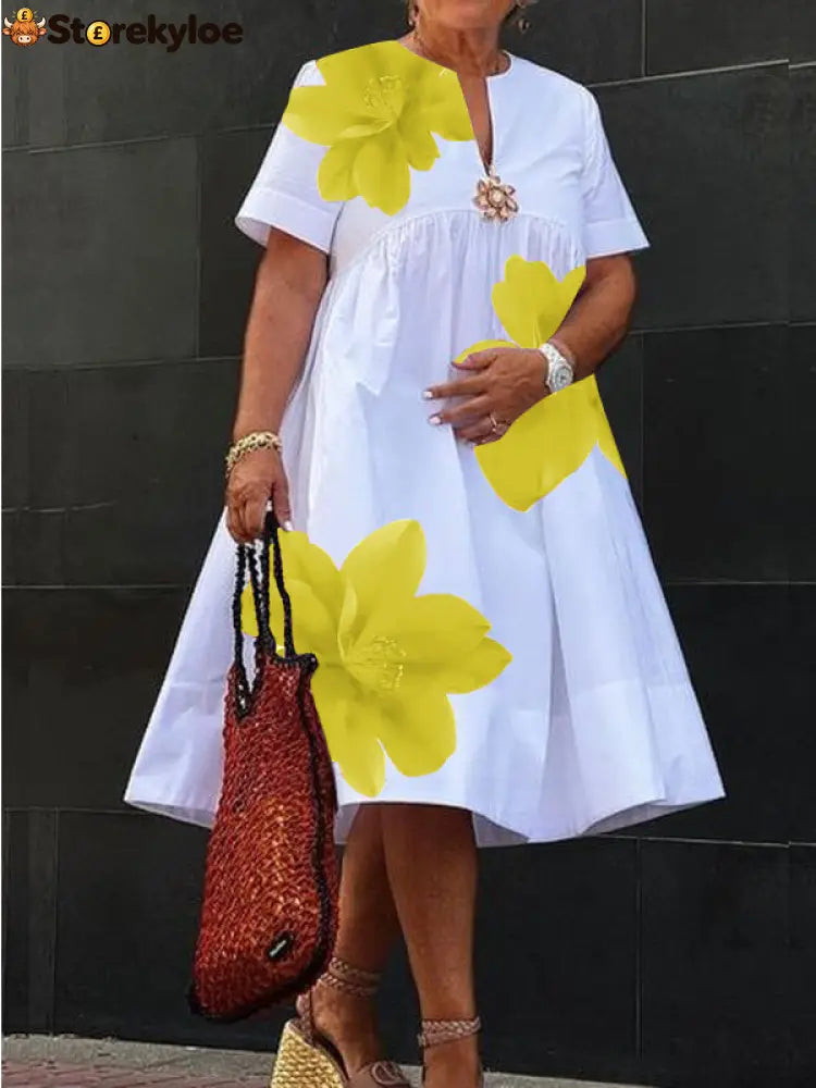 A-Line Loose Flower Print Pleated V-Neck Midi Dresses - YELLOW / S