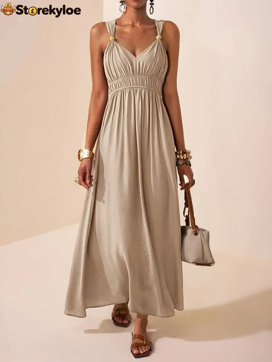 A-Line Loose Pleated Solid Color Spaghetti-Neck Maxi Dresses - APRICOT / S