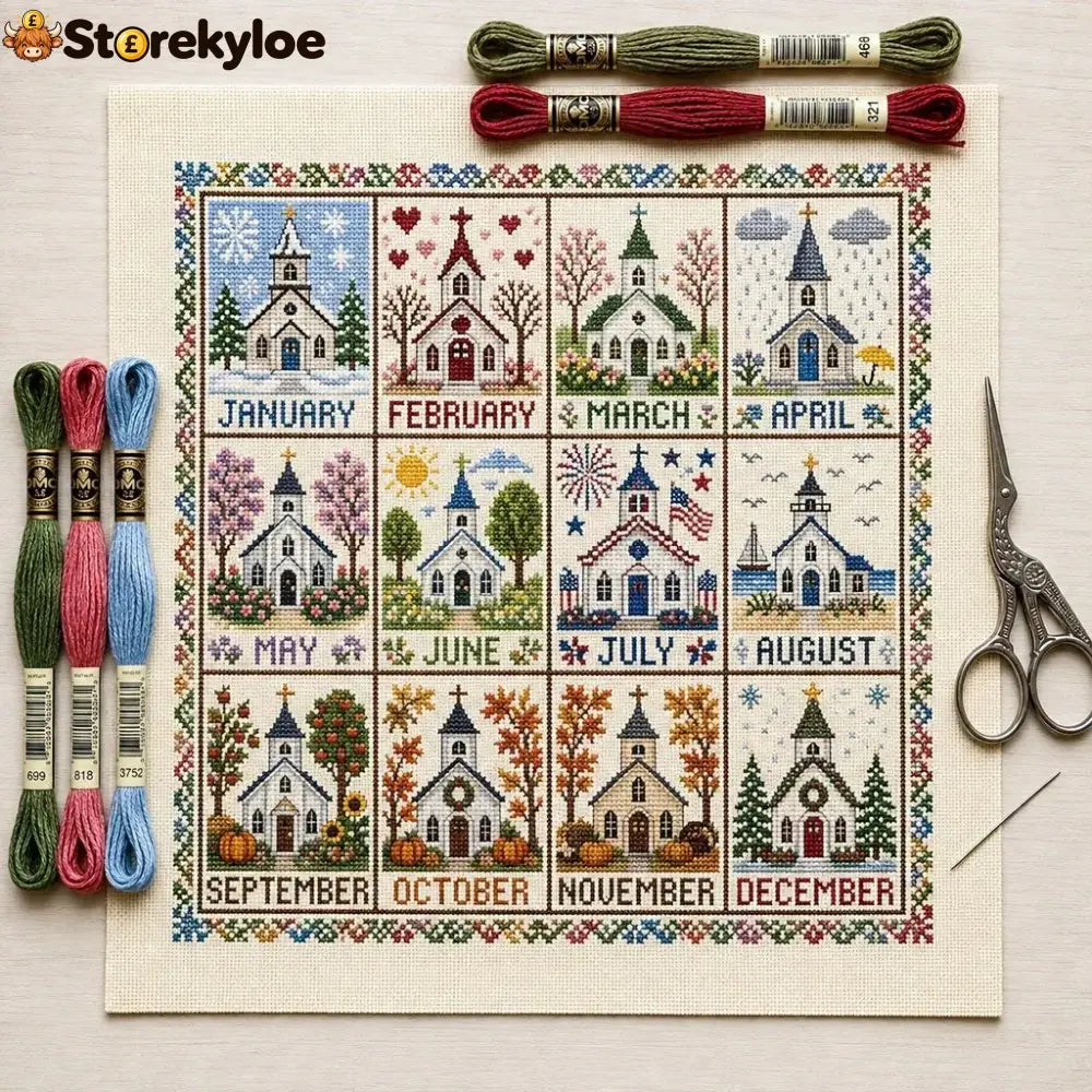 A Year in Stitches – 12-Month Seasonal Cross Stitch Kit - ⛪ Chapel Seasons - 节日装饰、diy类