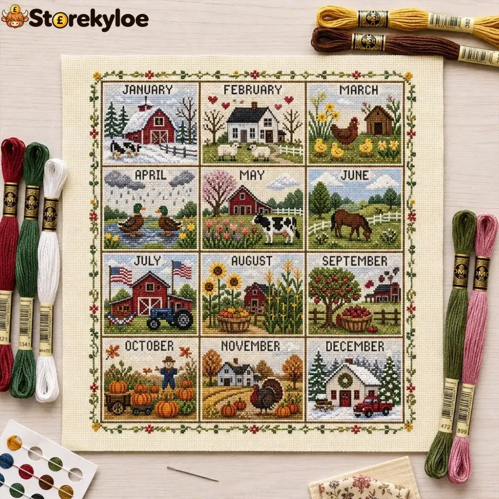 A Year in Stitches – 12-Month Seasonal Cross Stitch Kit - 🌾 Farmhouse Seasons - 节日装饰、diy类