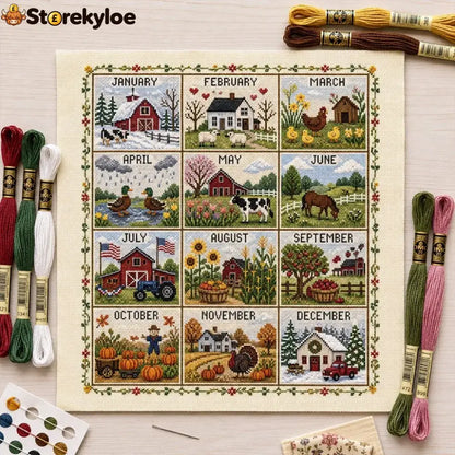 A Year in Stitches – 12-Month Seasonal Cross Stitch Kit - 🌾 Farmhouse Seasons - 节日装饰、diy类