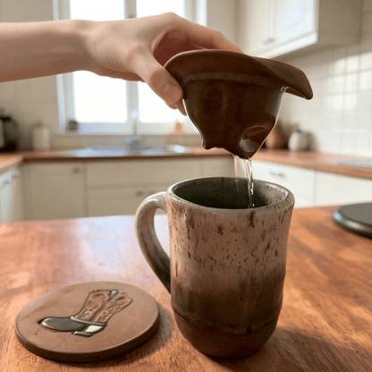 🤠 Cowboy Hat Ceramic Tea Mug Set | Western Handmade Cup with Hat Tea Strainer & Cowboy Boot Coaster, Rustic Farmhouse Gift