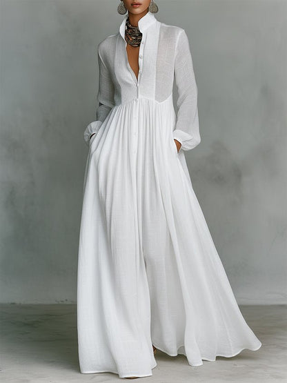 Casual Cotton Linen Maxi Dress High Waist Stand Collar Daily