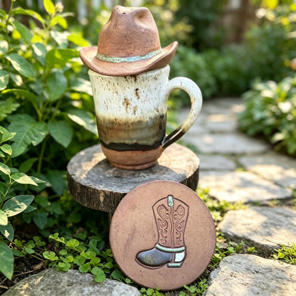 🤠 Cowboy Hat Ceramic Tea Mug Set | Western Handmade Cup with Hat Tea Strainer & Cowboy Boot Coaster, Rustic Farmhouse Gift
