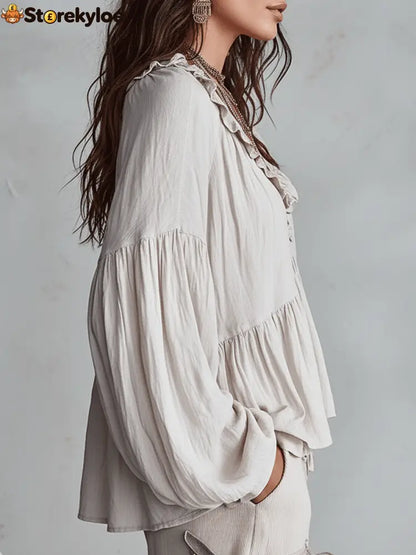 Airy Vintage-Inspired Ruffle Soft Ruffle Bohemian Blouse