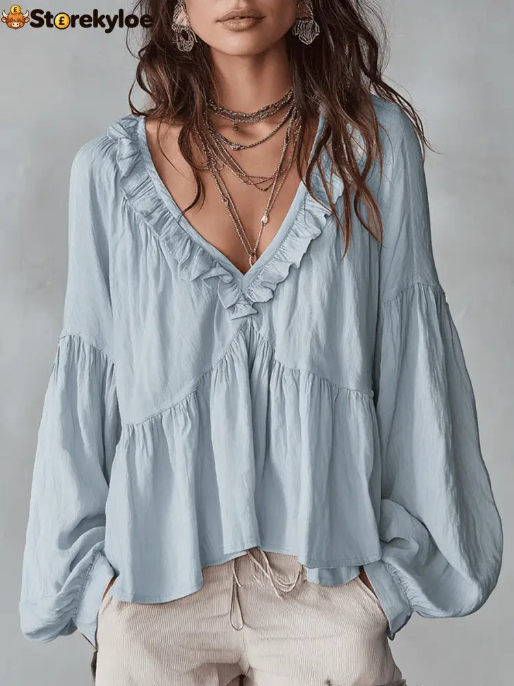 Airy Vintage-Inspired Ruffle Soft Ruffle Bohemian Blouse - Blue / XS