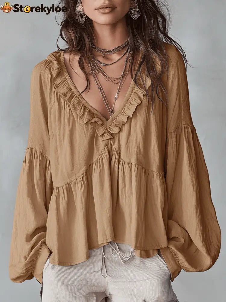 Airy Vintage-Inspired Ruffle Soft Ruffle Bohemian Blouse - Khaki / XS
