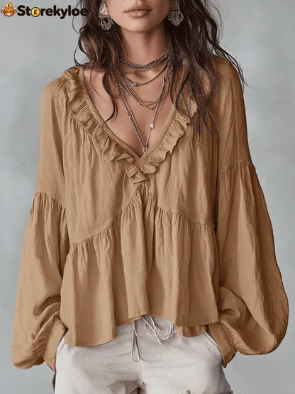 Airy Vintage-Inspired Ruffle Soft Ruffle Bohemian Blouse - Khaki / XS
