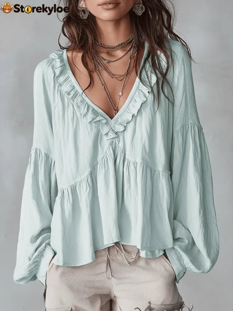 Airy Vintage-Inspired Ruffle Soft Ruffle Bohemian Blouse - Light Green / XS