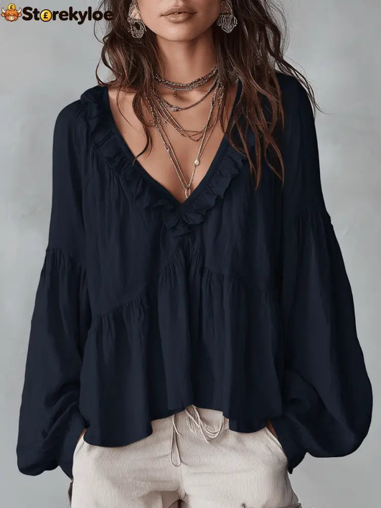 Airy Vintage-Inspired Ruffle Soft Ruffle Bohemian Blouse - Navy Blue / XS