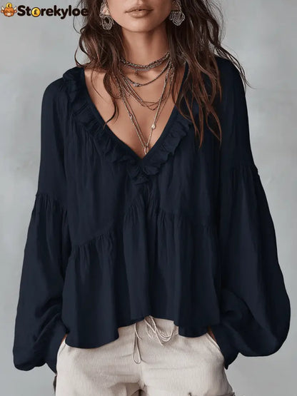 Airy Vintage-Inspired Ruffle Soft Ruffle Bohemian Blouse - Navy Blue / XS