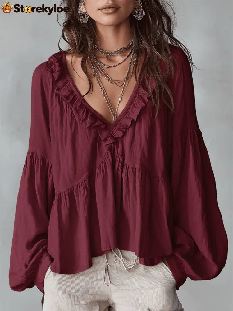 Airy Vintage-Inspired Ruffle Soft Ruffle Bohemian Blouse - Red / XS