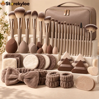 💄 All-in-One Makeup Brush & Sponge Set: Everything You Need for a Smoother Easier Makeup Routine - Beige