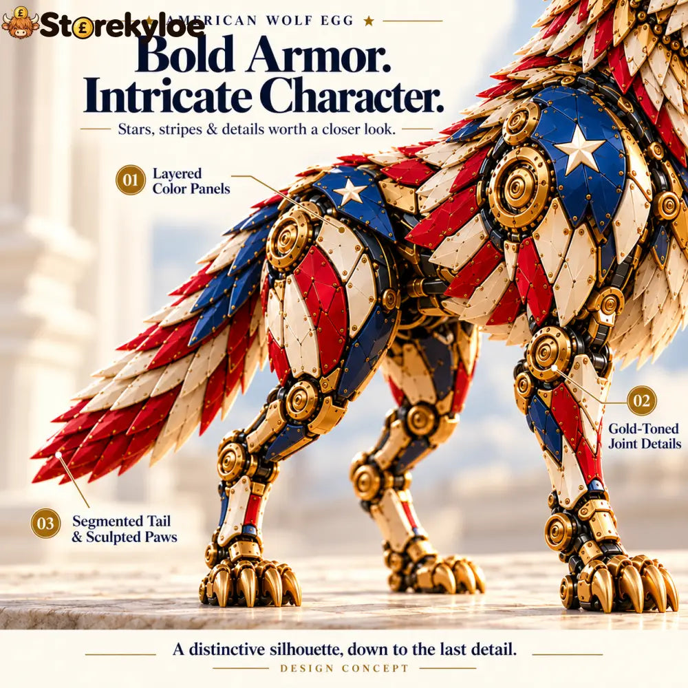 🐺 American Wolf Egg – Stars & Stripes Mechanical Wolf Figure with Layered Armor & Gold-Toned Details