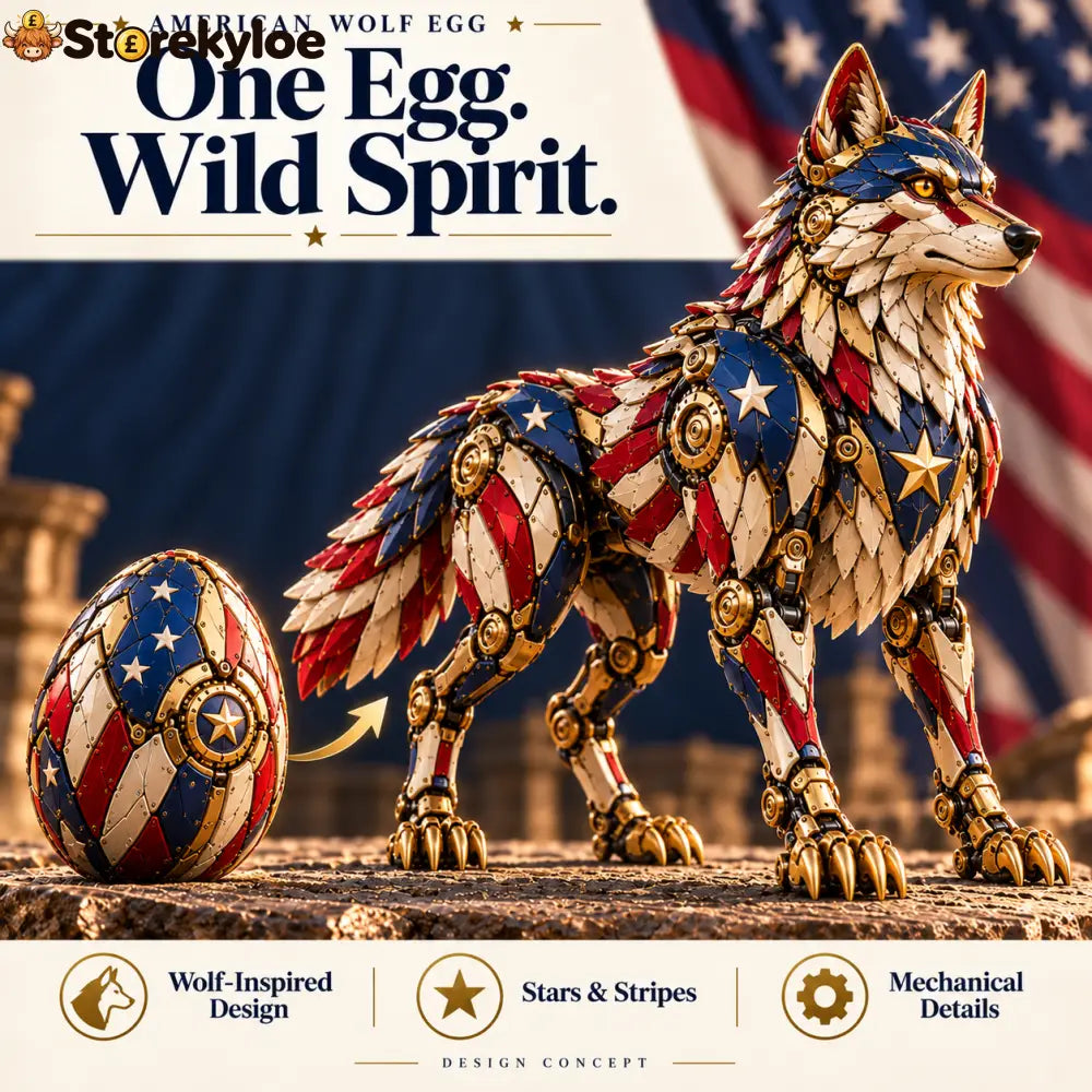 🐺 American Wolf Egg – Stars & Stripes Mechanical Wolf Figure with Layered Armor & Gold-Toned Details