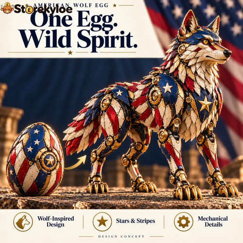 🐺 American Wolf Egg – Stars & Stripes Mechanical Wolf Figure with Layered Armor & Gold-Toned Details