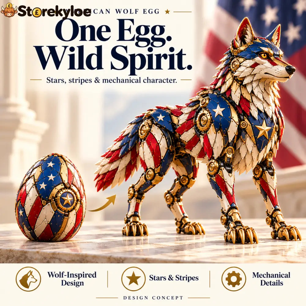 🐺 American Wolf Egg – Stars & Stripes Mechanical Wolf Figure with Layered Armor & Gold-Toned Details