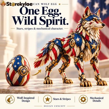 🐺 American Wolf Egg – Stars & Stripes Mechanical Wolf Figure with Layered Armor & Gold-Toned Details