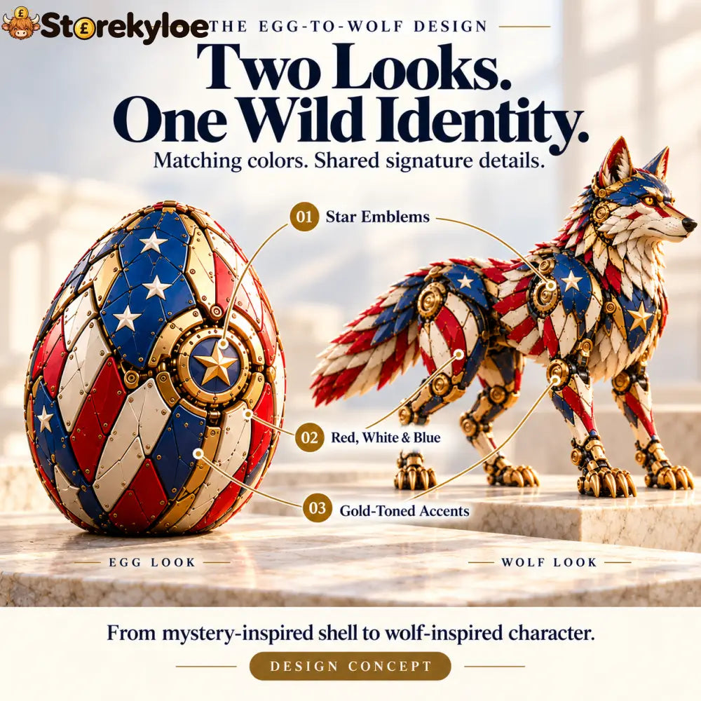 🐺 American Wolf Egg – Stars & Stripes Mechanical Wolf Figure with Layered Armor & Gold-Toned Details