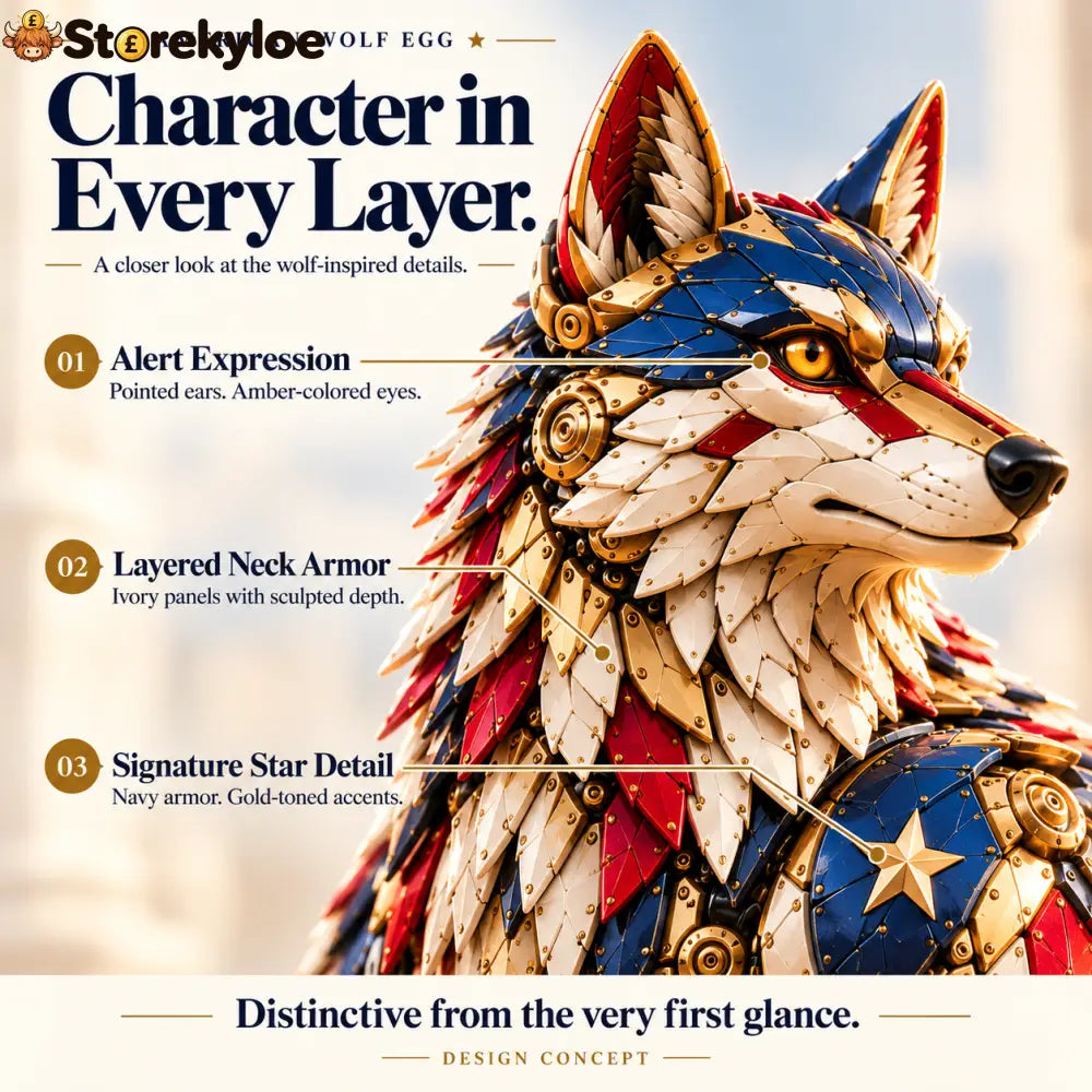 🐺 American Wolf Egg – Stars & Stripes Mechanical Wolf Figure with Layered Armor & Gold-Toned Details