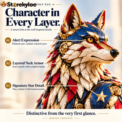 🐺 American Wolf Egg – Stars & Stripes Mechanical Wolf Figure with Layered Armor & Gold-Toned Details