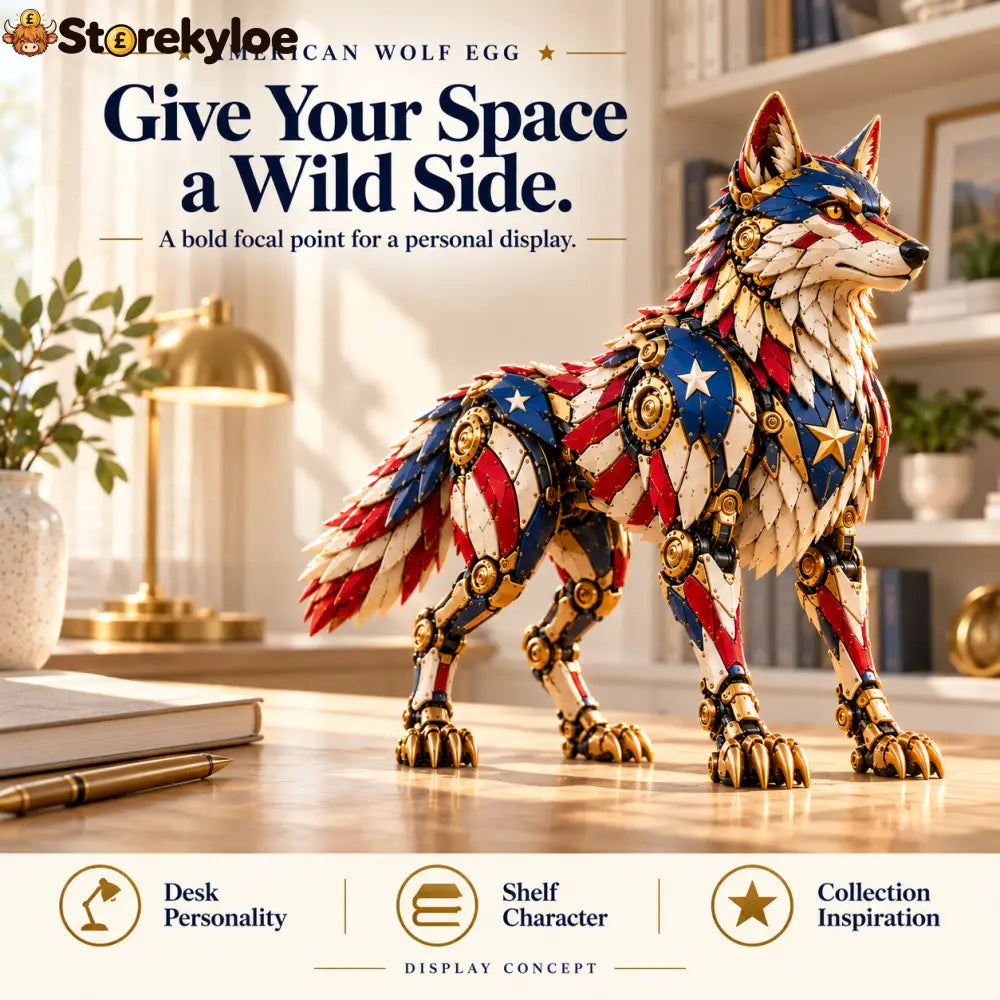 🐺 American Wolf Egg – Stars & Stripes Mechanical Wolf Figure with Layered Armor & Gold-Toned Details