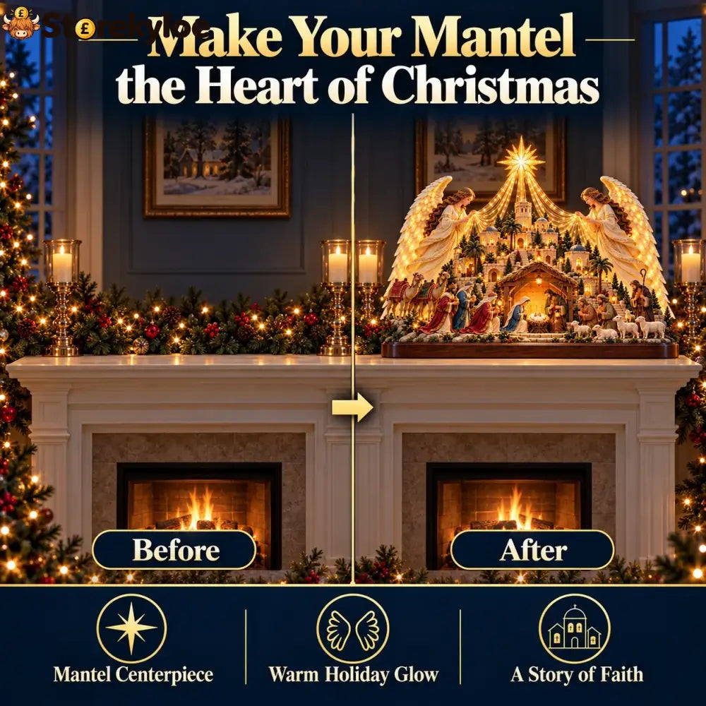 🔥🔥🔥🎄✨ Angels Over Bethlehem™ – Lighted 3D Nativity Mantel Centerpiece with Angel Wings & Star