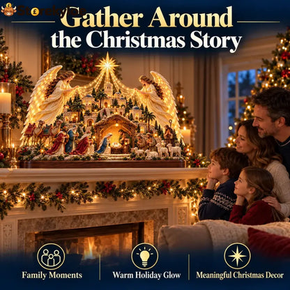 🔥🔥🔥🎄✨ Angels Over Bethlehem™ – Lighted 3D Nativity Mantel Centerpiece with Angel Wings & Star