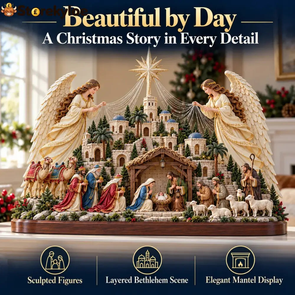 🔥🔥🔥🎄✨ Angels Over Bethlehem™ – Lighted 3D Nativity Mantel Centerpiece with Angel Wings & Star