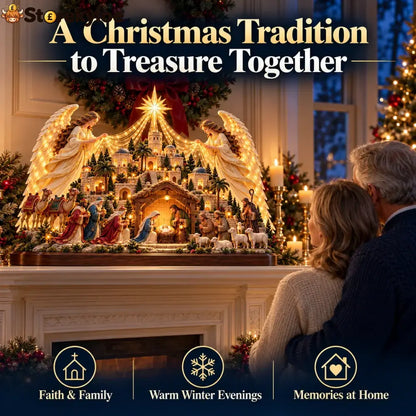 🔥🔥🔥🎄✨ Angels Over Bethlehem™ – Lighted 3D Nativity Mantel Centerpiece with Angel Wings & Star