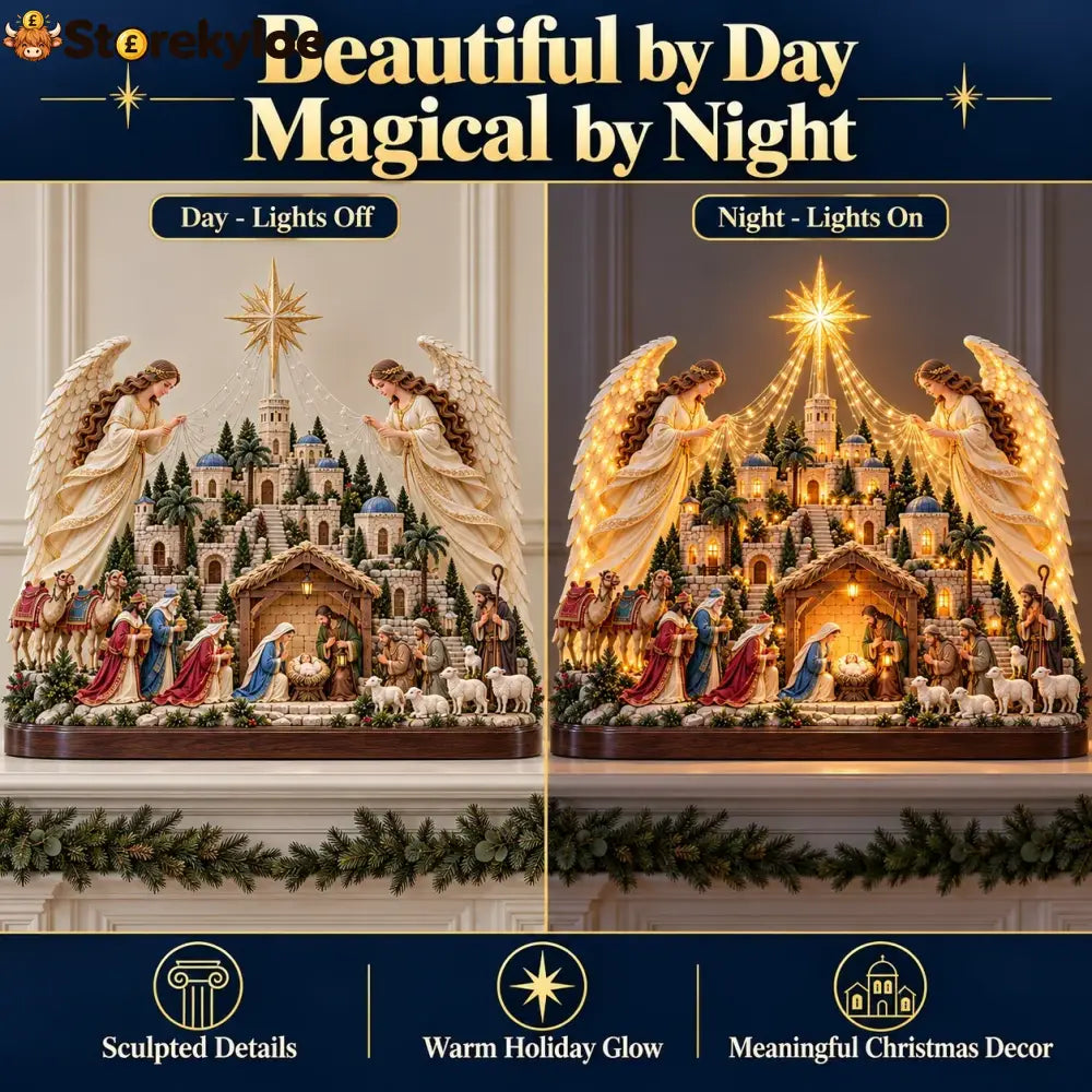 🔥🔥🔥🎄✨ Angels Over Bethlehem™ – Lighted 3D Nativity Mantel Centerpiece with Angel Wings & Star