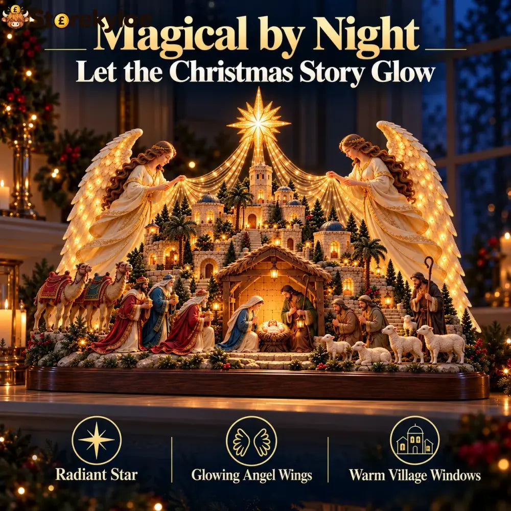 🔥🔥🔥🎄✨ Angels Over Bethlehem™ – Lighted 3D Nativity Mantel Centerpiece with Angel Wings & Star