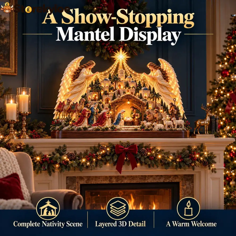 🔥🔥🔥🎄✨ Angels Over Bethlehem™ – Lighted 3D Nativity Mantel Centerpiece with Angel Wings & Star