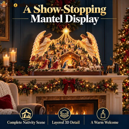 🔥🔥🔥🎄✨ Angels Over Bethlehem™ – Lighted 3D Nativity Mantel Centerpiece with Angel Wings & Star
