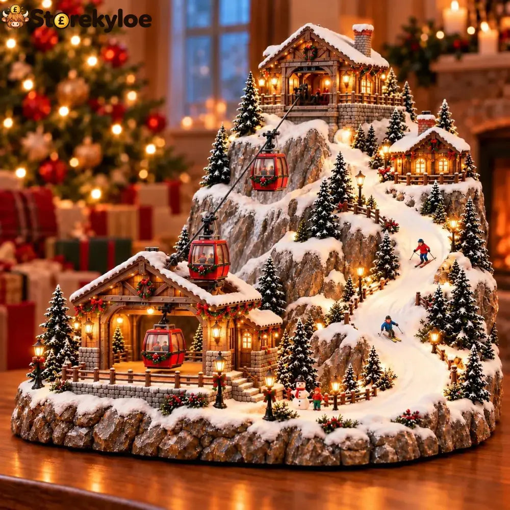 Animated Christmas Mountain Cable Car & Ski Village Scene ✨
