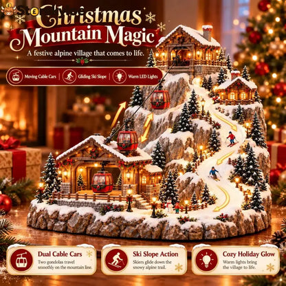 Animated Christmas Mountain Cable Car & Ski Village Scene ✨