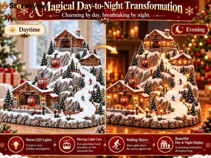 Animated Christmas Mountain Cable Car & Ski Village Scene ✨